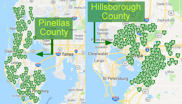 Map showing Properties For Sale in Hillsborough and Pinellas Counties